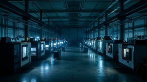 Dark CNC manufacturing hall during the ghost shift, unmanned manufacturing with automated coolant management