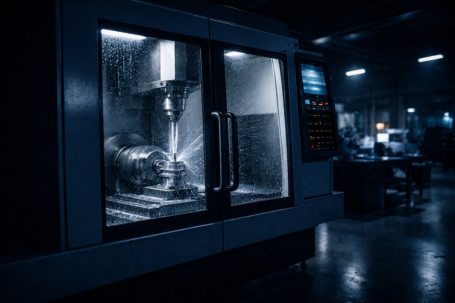 CNC machining with coolant in the work area of a milling machine, automated coolant monitoring and top-up with the Liquidtool AUTOPILOT