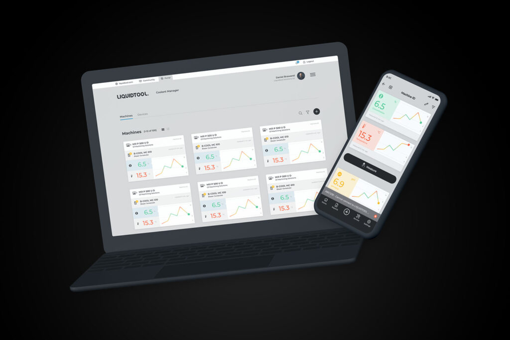 The most important measured values of coolant shown on a screen and smartphone